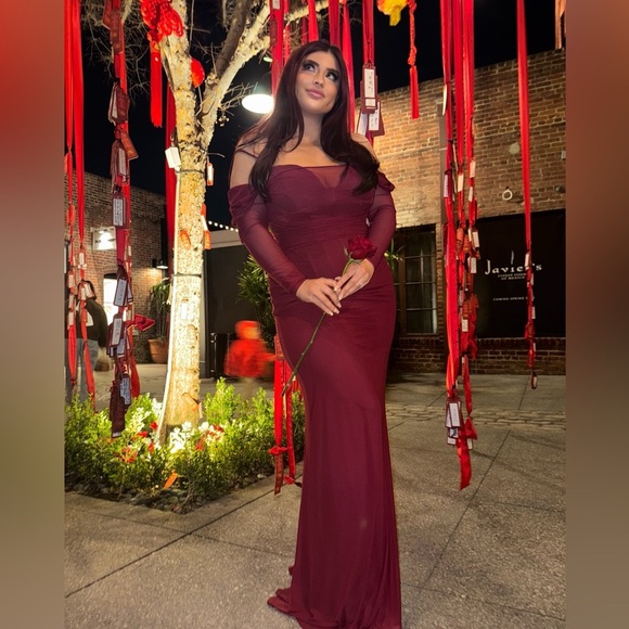 WINDSOR burgundy gown mesh long sleeve bralette corset maxi dress Large - Picture 2 of 5